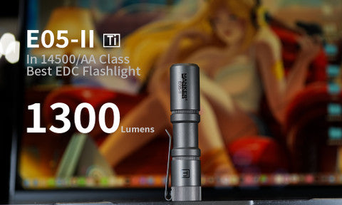 E05 II 1300 Lumens Titanium / Stonewashed Flashlight, with 14500 Battery (Compatible with AA), For Camping, Hiking
