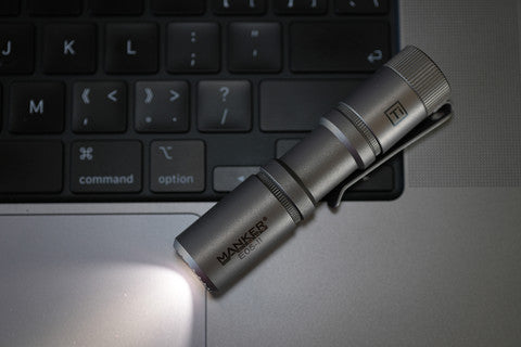 E05 II 1300 Lumens Titanium / Stonewashed Flashlight, with 14500 Battery (Compatible with AA), For Camping, Hiking