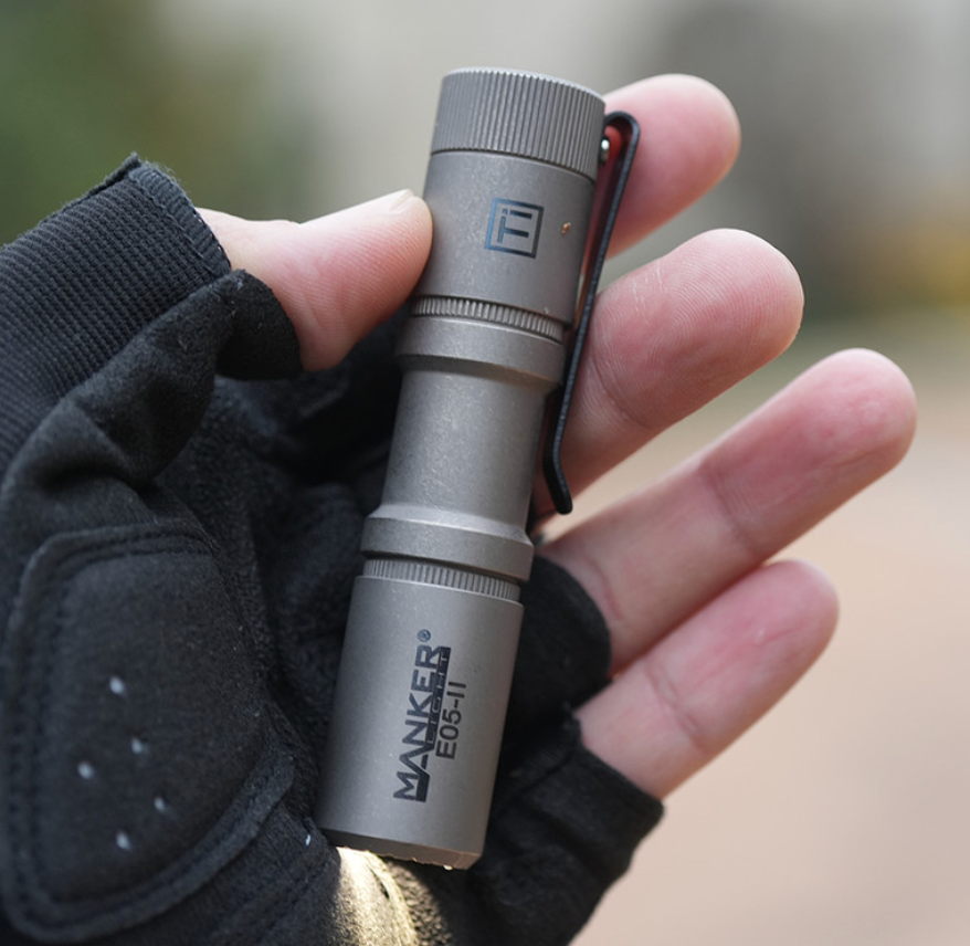 E05 II 1300 Lumens Titanium / Stonewashed Flashlight, with 14500 Battery (Compatible with AA), For Camping, Hiking