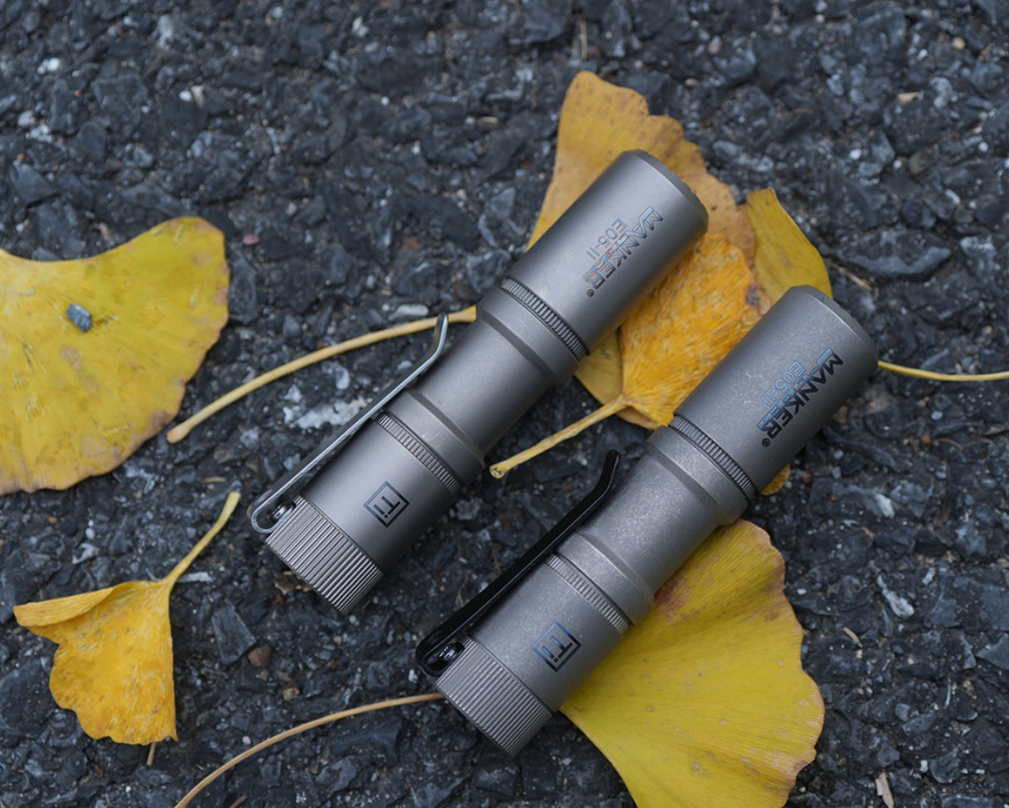E05 II 1300 Lumens Titanium / Stonewashed Flashlight, with 14500 Battery (Compatible with AA), For Camping, Hiking