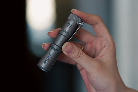E05 II 1300 Lumens Titanium / Stonewashed Flashlight, with 14500 Battery (Compatible with AA), For Camping, Hiking
