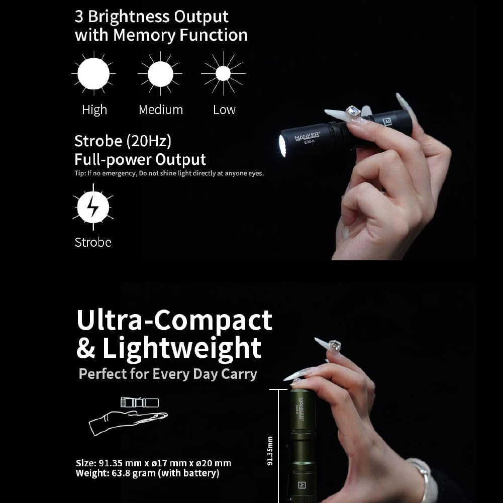Manker E05 II Compact EDC Flashlight, High Density 1300 Lumens White LED Emitters, with 14500 Battery (Compatible with AA), Eeay to Carry, for Camping, Hiking