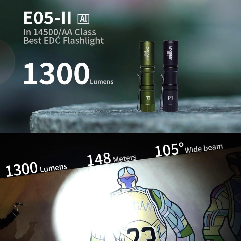 Manker E05 II Compact EDC Flashlight, High Density 1300 Lumens White LED Emitters, with 14500 Battery (Compatible with AA), Eeay to Carry, for Camping, Hiking