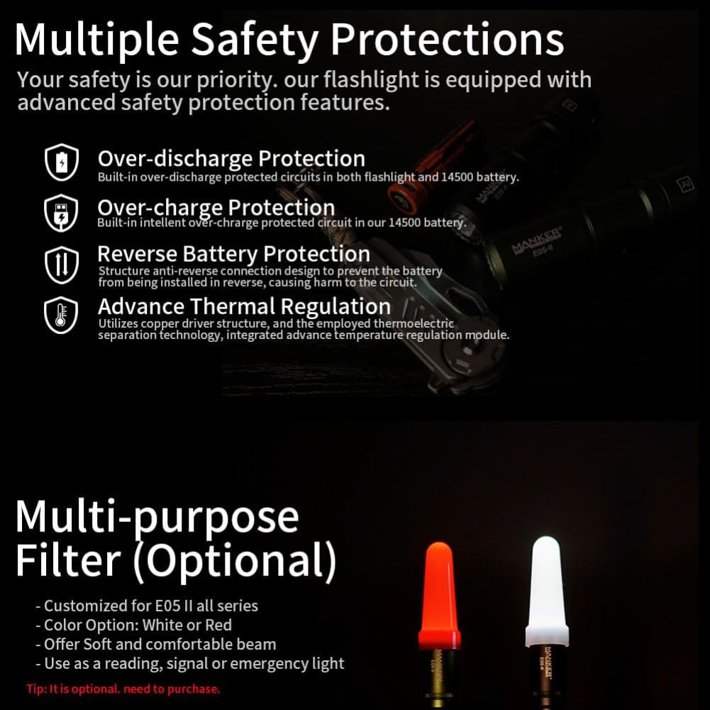 Manker E05 II Compact EDC Flashlight, High Density 1300 Lumens White LED Emitters, with 14500 Battery (Compatible with AA), Eeay to Carry, for Camping, Hiking