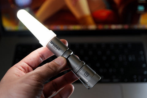 E05 II 1300 Lumens Titanium / Stonewashed Flashlight, with 14500 Battery (Compatible with AA), For Camping, Hiking