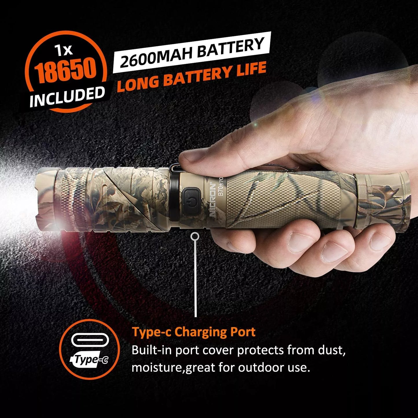 NICRON Flashlight, Rechargeable Twist Flashlight B70 Plus 1200 Lumen LED Flashlight 3-Color Light 90 Degree Camo with 360 Rotary Clip Waterproof