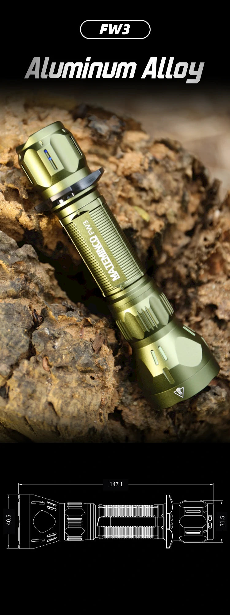 FW3 1550 Lumens 1356 Meters Outdoor Long Range Throw LED Tactical LEP Flashlight Torch for Hunting, Camping