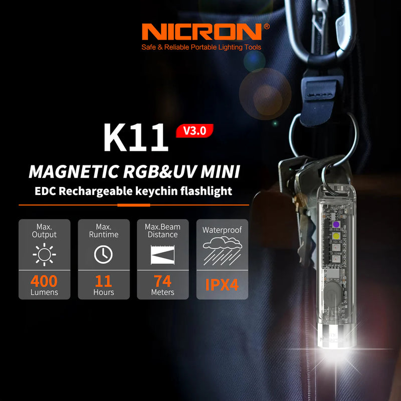 Nicron K11 V3.0 Magnetic RGB&UV Mini EDC Rechargeable Keychain Flashlight，400 Hight Lumen , IPX4 EDC Mini Flashlight
