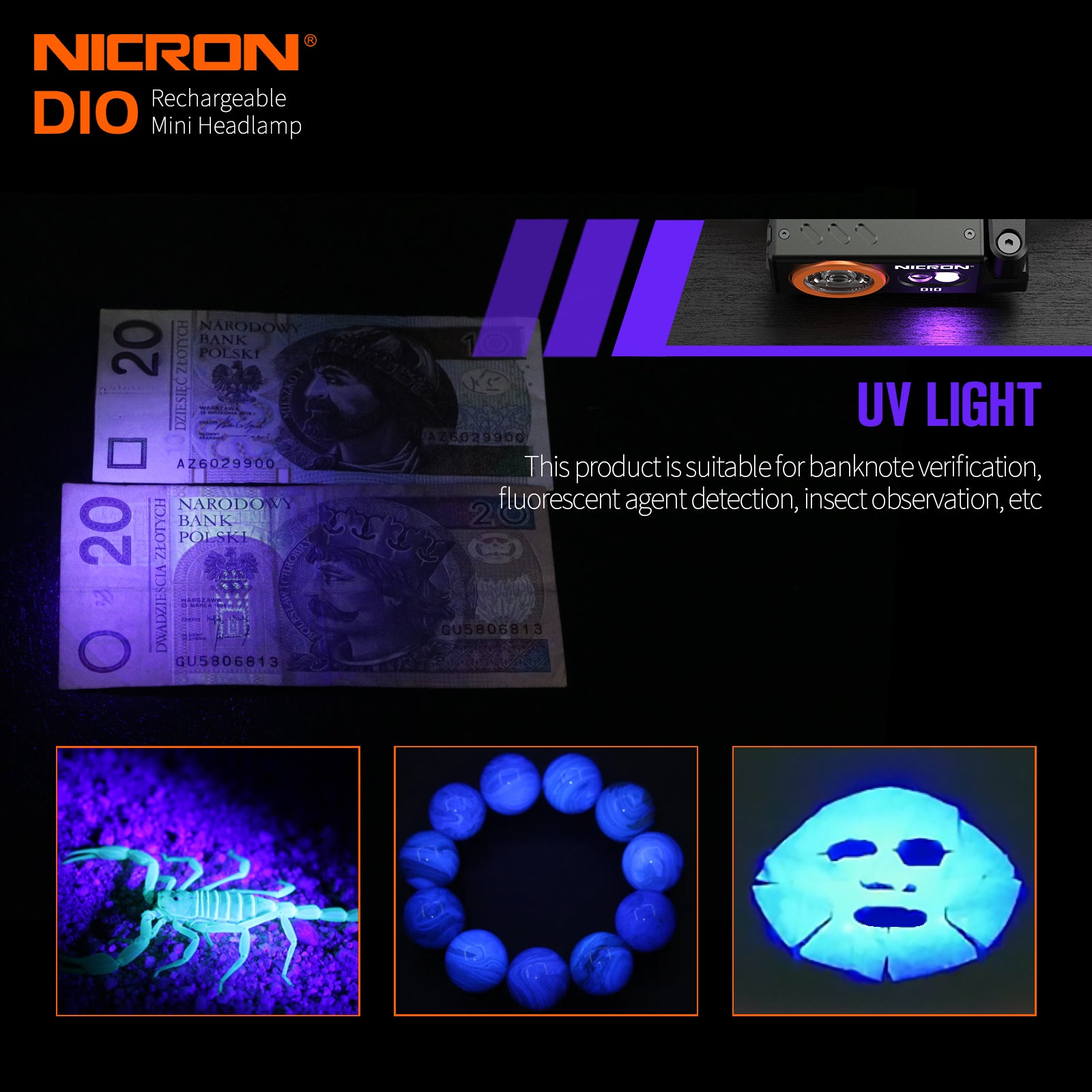 Nicorn D10 Rechargeable Mini Headlamp, 500-Lumen Detachable Multi-Color Headlamp with Portable Design