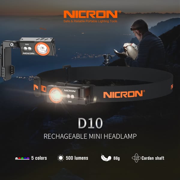 Nicorn D10 Rechargeable Mini Headlamp, 500-Lumen Detachable Multi-Color Headlamp with Portable Design
