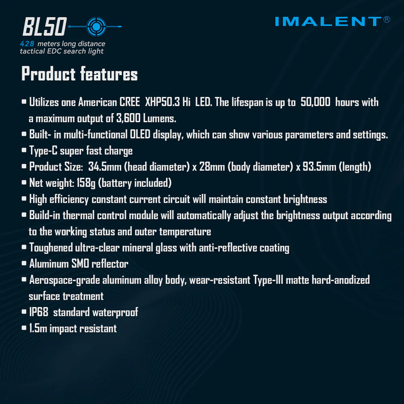 IMALENT BL50  Dual Light Sources EDC Flashlight, UV light, 3600 Lumens Powerful Bright LED torch