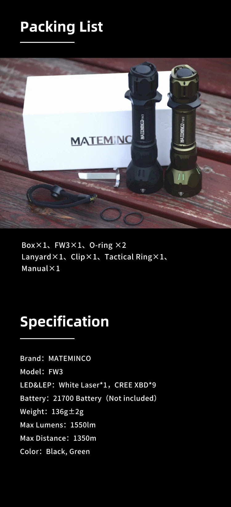 FW3 1550 Lumens 1356 Meters Outdoor Long Range Throw LED Tactical LEP Flashlight Torch for Hunting, Camping