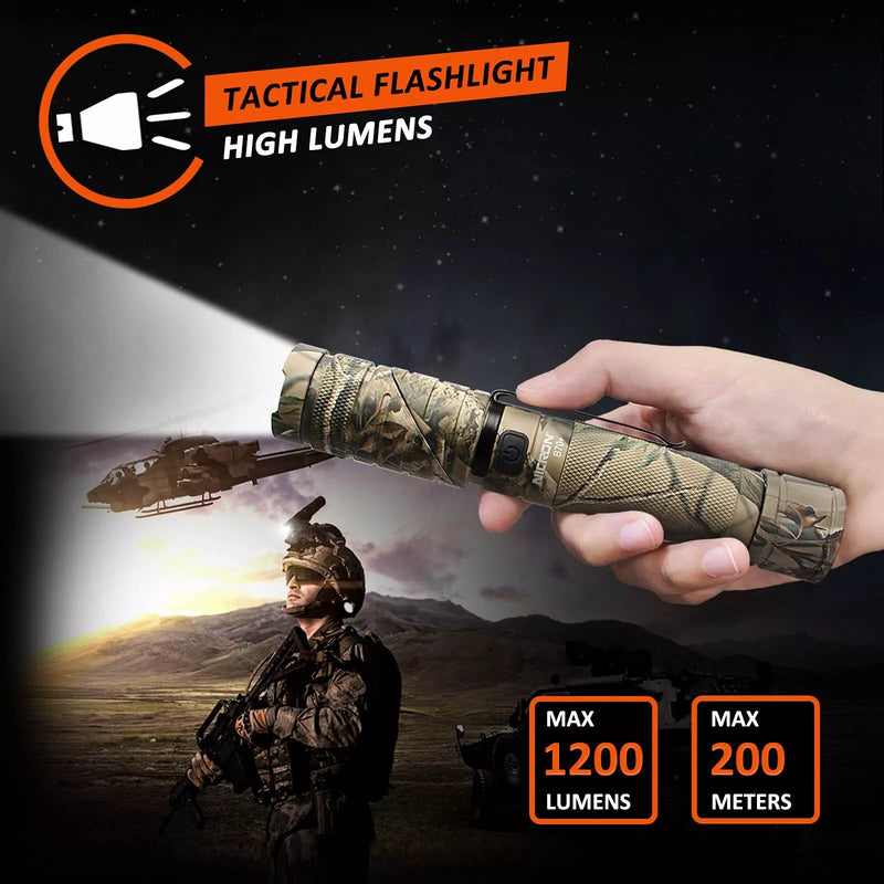 NICRON Flashlight, Rechargeable Twist Flashlight B70 Plus 1200 Lumen LED Flashlight 3-Color Light 90 Degree Camo with 360 Rotary Clip Waterproof
